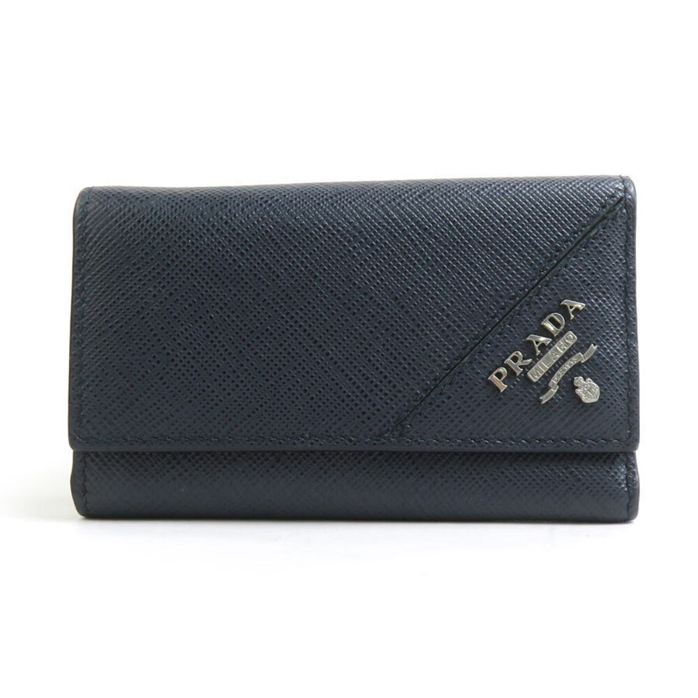 Prada Key Case Wallet Leather Metal Navy Blue Gunmetal Gray